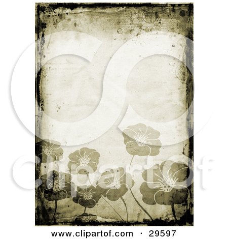 Clipart Illustration of a Brown Background Bordered By Black Grunge, With Blooming Flowers Along The Bottom by KJ Pargeter