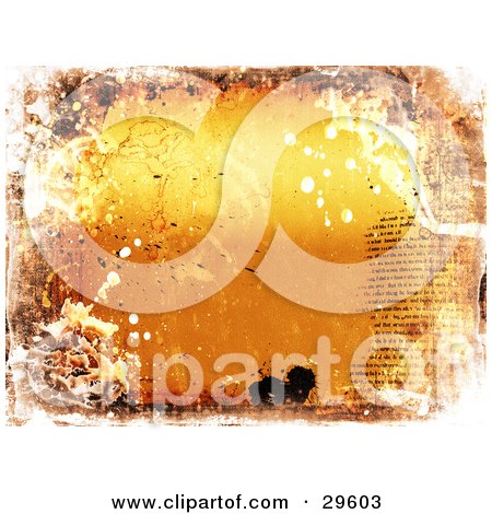 Clipart Illustration of an Orange Grunge Background Of Text, Splatters And Grunge by KJ Pargeter