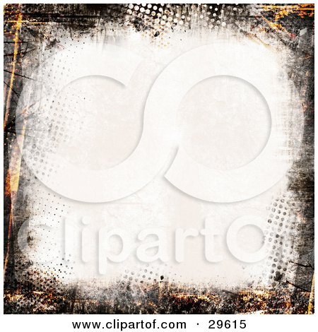 Clipart Illustration of an Off White Background Bordered By Orange And Black Dotted Grunge by KJ Pargeter