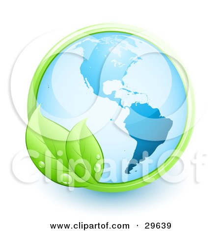 Clipart Illustration of a Shiny Blue Earth Over A White Background, With A Green Vine With Two Leaves And Dew Drops by beboy