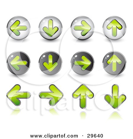 Clipart Illustration of a Set Of 12 Green Upload, Download, Back And Forth Buttons by beboy