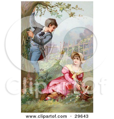 Clipart Illustration of a Vintage Victorian Scene Of A Little Boy Climbing A Tree While Showing Off For A Girl As She Picks Flowers In A Garden, Circa 1890 by OldPixels