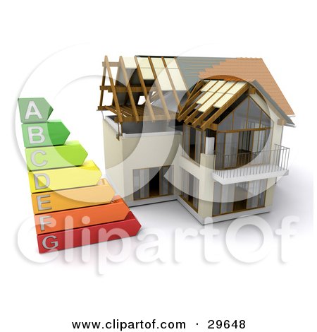 Clipart Illustration of an Energy Rating Graph Beside A Partially Built Home by KJ Pargeter