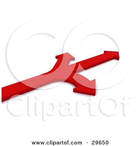 Clipart Illustration of a Red Arrow Branching Off To The Left, Right And Forward by KJ Pargeter