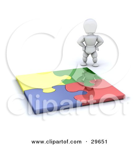 Clipart Illustration of a White Character Standing Proudly Over A Completed Colorful Puzzle by KJ Pargeter