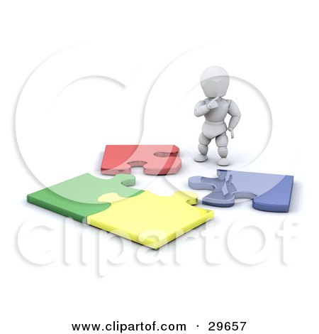 Clipart Illustration of a White Character Standing And Looking Down At An Incomplete Colorful Jigsaw Puzzle by KJ Pargeter