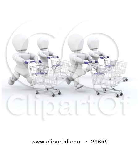 Clipart Illustration of Four White Characters Running Through A Store With Shopping Carts by KJ Pargeter