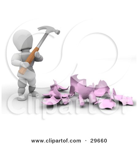 Clipart Illustration of a White Character Holding A Hammer Over A Shattered Piggy Bank by KJ Pargeter