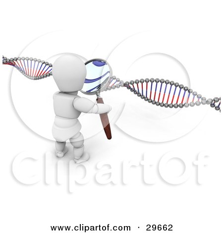 Clipart Illustration of a White Character Inspecting A Genetic Dna Strand With A Magnifying Glass by KJ Pargeter