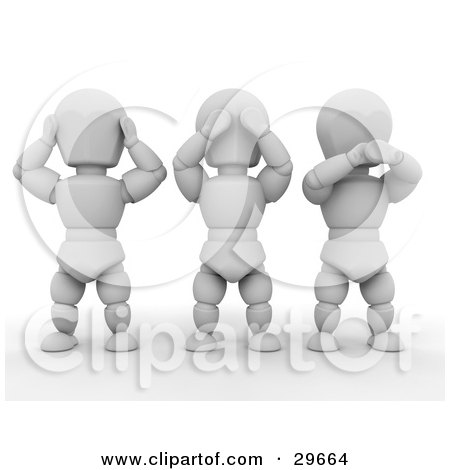 Clipart Illustration of Three White Characters Covering Their Ears, Eyes And Mouth by KJ Pargeter