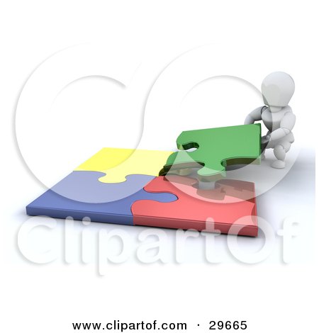 Clipart Illustration of a White Character Crouching To Fit The Last Piece Of A Colorful Jigsaw Puzzle by KJ Pargeter