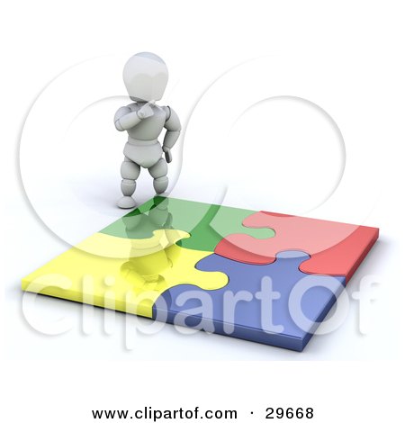 Clipart Illustration of a White Character Looking Down At A Completed Colorful Puzzle by KJ Pargeter