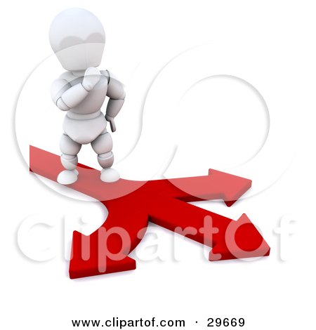 Clipart Illustration of a White Character In Thought, Standing On A Path Of Arrows Leading In Different Directions by KJ Pargeter