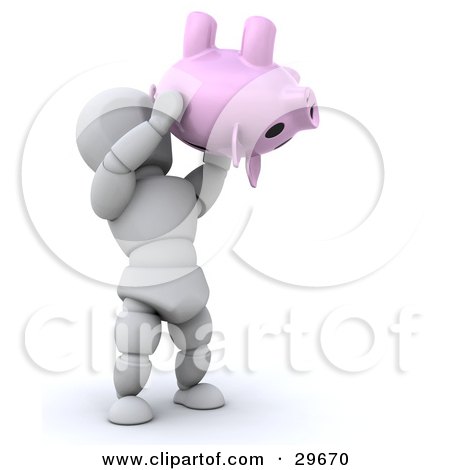 Clipart Illustration of a White Character Holding A Pink Piggy Bank Upside Down And Shaking It, Trying To Get Money by KJ Pargeter