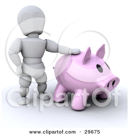 Clipart Illustration of a White Character Resting One Arm On A Big Pink Piggy Bank by KJ Pargeter
