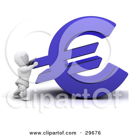Clipart Illustration of a White Character Pushing A Blue Euro Symbol by KJ Pargeter