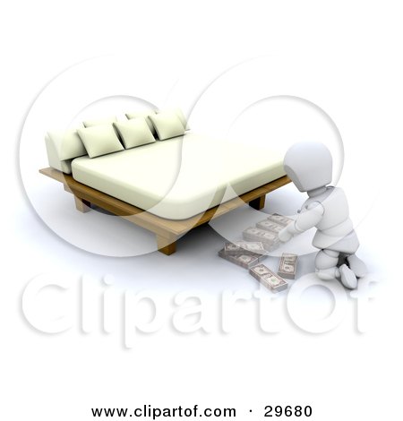Clipart Illustration of a White Character Organizing Bundles Of Cash And Hiding It Under A Bed by KJ Pargeter