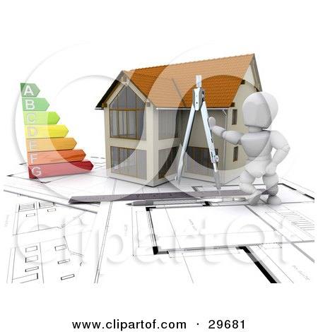 Clipart Illustration of a White Character Resting Against A Compass By A House With An Energy Rating Graph On Blueprints With Rulers And A Pen by KJ Pargeter