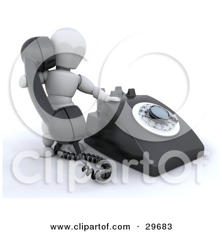 Clipart Illustration of a White Character Holding Up A Black Landline Telephone Receiver While Making A Call by KJ Pargeter