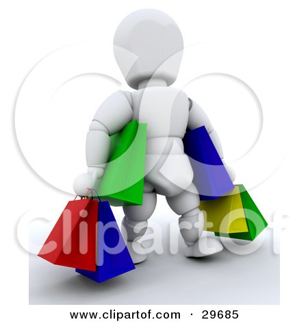 Clipart Illustration of a White Character Carrying Handfuls Of Colorful Shopping Or Gift Bags by KJ Pargeter