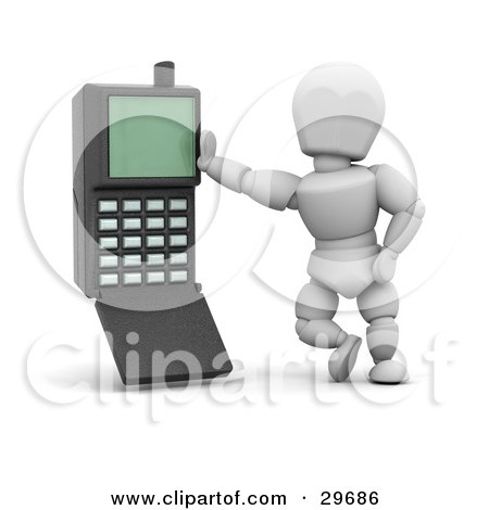 Clipart Illustration of a White Character Leaning Against A Black Old Fashioned Cell Phone by KJ Pargeter
