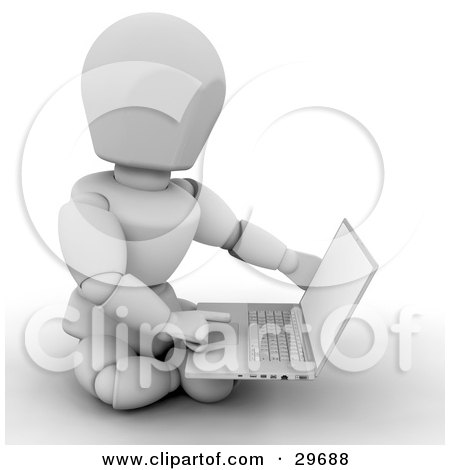 Clipart Illustration of a White Character Sitting On The Ground And Using A Laptop Computer by KJ Pargeter