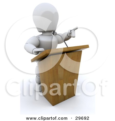 Clipart Illustration of a White Character Pointing While Standing Behind A Podium And Giving A Speech by KJ Pargeter