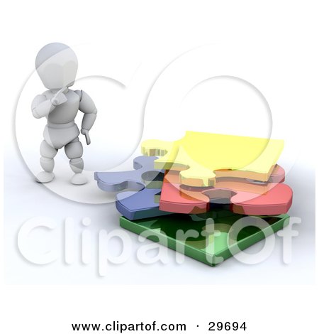 Clipart Illustration of a White Character Touching His Chin And Looking At A Stack Of Puzzle Pieces by KJ Pargeter