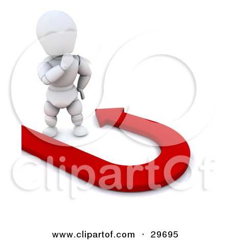 Clipart Illustration of a Thinking White Character Standing By A Red Arrow Forming A U Turn by KJ Pargeter