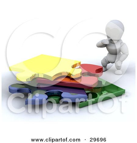 Clipart Illustration of a White Character Crouching And Looking At Colorful Pieces To A Puzzle by KJ Pargeter