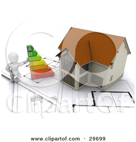 Clipart Illustration of a White Character Leaning Against An Energy Rating Graph By A New Home Resting On Blueprints by KJ Pargeter