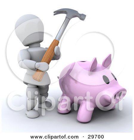 Clipart Illustration of a White Character Holding A Hammer Over A Pink Piggy Bank, In Need Of Money by KJ Pargeter