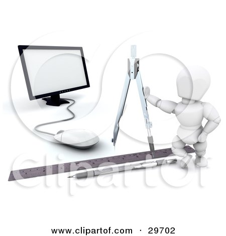 Clipart Illustration of a White Character Leaning On A Compass Over A Pen And Ruler, In Front Of A Computer by KJ Pargeter
