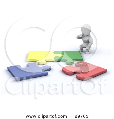 Clipart Illustration of a White Character Crouching And Trying To Assemble A Puzzle by KJ Pargeter