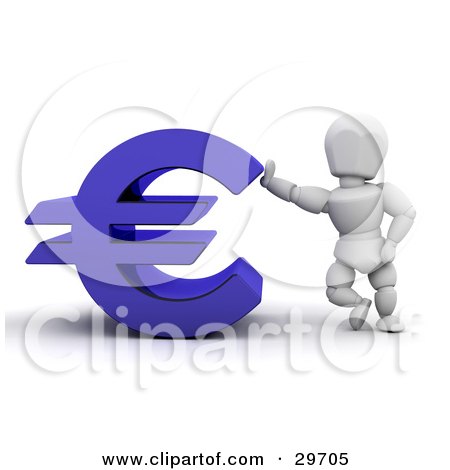 Clipart Illustration of a White Character Leaning Against A Blue Euro Symbol by KJ Pargeter