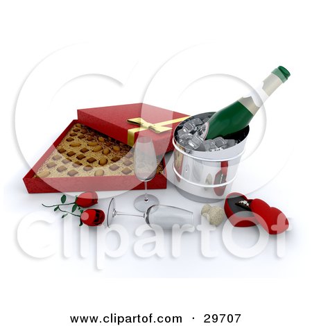 Clipart Illustration of an Open Box Of Valentine's Day Chocolates, Red Roses, Wine Glasses, Champagne And A Ring by KJ Pargeter