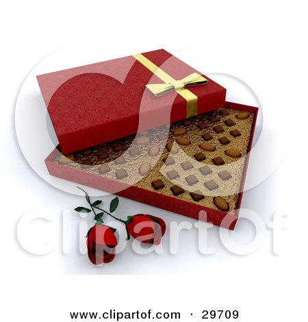 Clipart Illustration of Two Red Roses Resting In Front Of An Open Box Of Valentine's Day Chocolates by KJ Pargeter