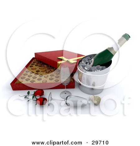 Clipart Illustration of a Bottle Of Bubbly Chilling On Ice By Two Wine Glasses, A Cork, Red Roses And A Box Of Chocolates by KJ Pargeter