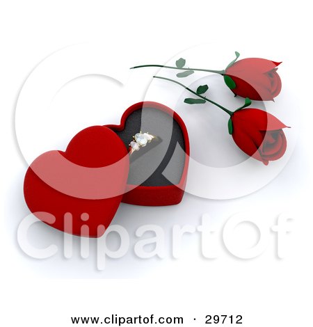 Clipart Illustration of an Engagement Ring In A Heart Shaped Box By Two Red Roses by KJ Pargeter