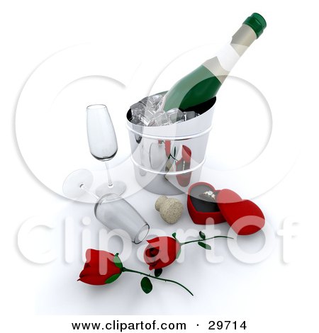 Clipart Illustration of a Couple Of Red Roses, Champagne Glasses, Cork And Ring By A Bottle Of Wine Chilling On Ice by KJ Pargeter