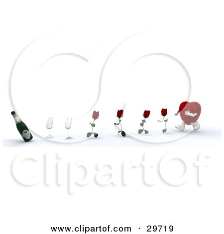 Clipart Illustration of a Heart Character Running Towards Four Red Roses, Two Champagne Glasses And A Bottle Of Wine by KJ Pargeter