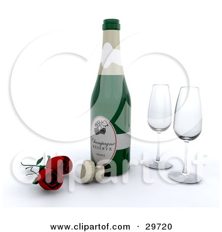 Clipart Illustration of Two Red Roses By A Cork To A Bottle Of Champagne And Two Wine Glasses by KJ Pargeter