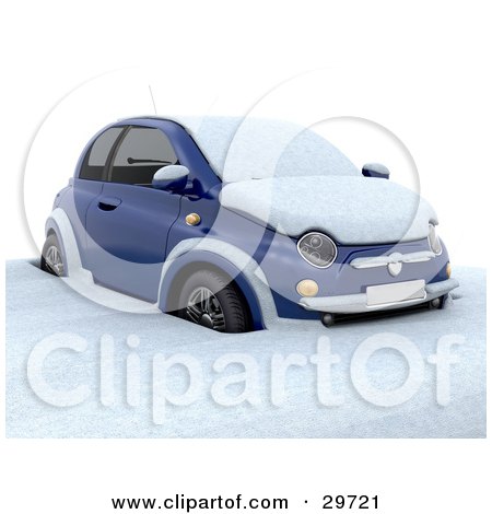 Clipart Illustration of a Blue Compact Car Stuck And Covered In Snow In A Cold Winter Day by KJ Pargeter