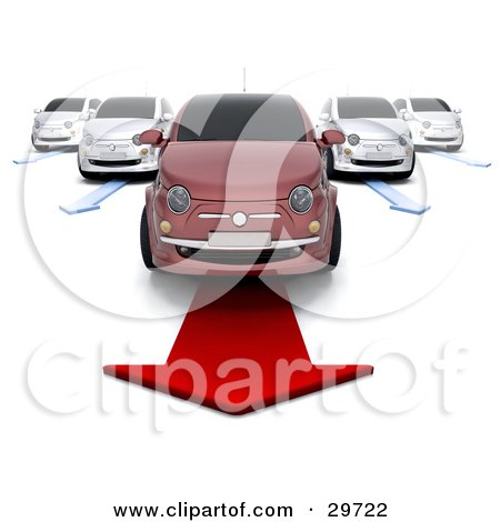Clipart Illustration of a Red Compact Car Over A Red Arrow, In Front Of Four White Cars On Arrows In A Car Lot by KJ Pargeter