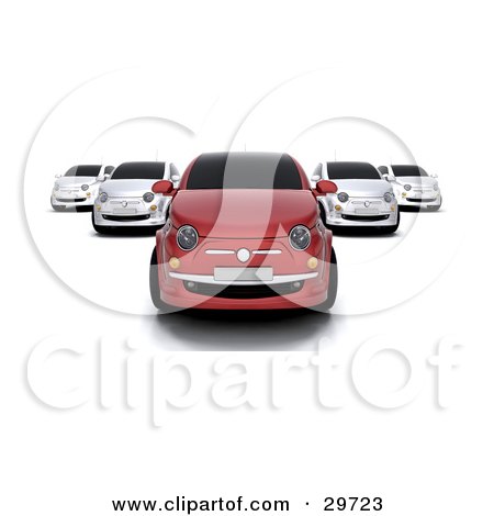 Clipart Illustration of a Red Compact Car In Front Of Four White Cars In A Car Lot by KJ Pargeter