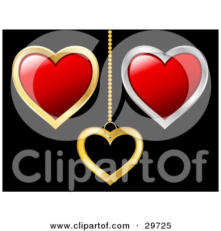 Clipart Illustration of Red Hearts Bordered In Gold And Silver, And A Hanging Gold Heart Pendant On A Black Background by KJ Pargeter