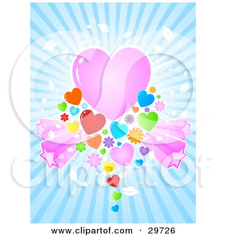 Clipart Illustration of a Pink, Green, Orange, Blue, Red, Yellow, And Purple Flowers, Hearts And Stars With White Vines, Bursting Around A Pink Heart On A Background Of Blue Light by KJ Pargeter