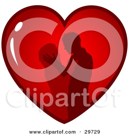 Clipart Illustration of a Silhouetted Couple Passionately Embracing Inside A Red Heart On A White Background by KJ Pargeter