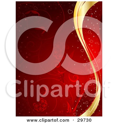 Clipart Illustration of Waves Of Gold And Red Along The Right Side Of A Red Background With Vines, Sparkles And Hearts by KJ Pargeter