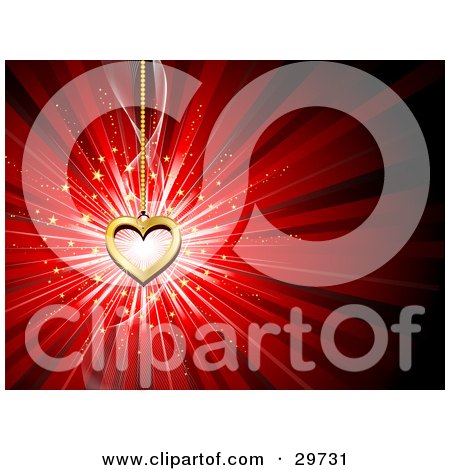 Clipart Illustration of a Golden Heart Pendant Hanging Down Over A Burst Of Light With Gold Stars On A Red Background by KJ Pargeter